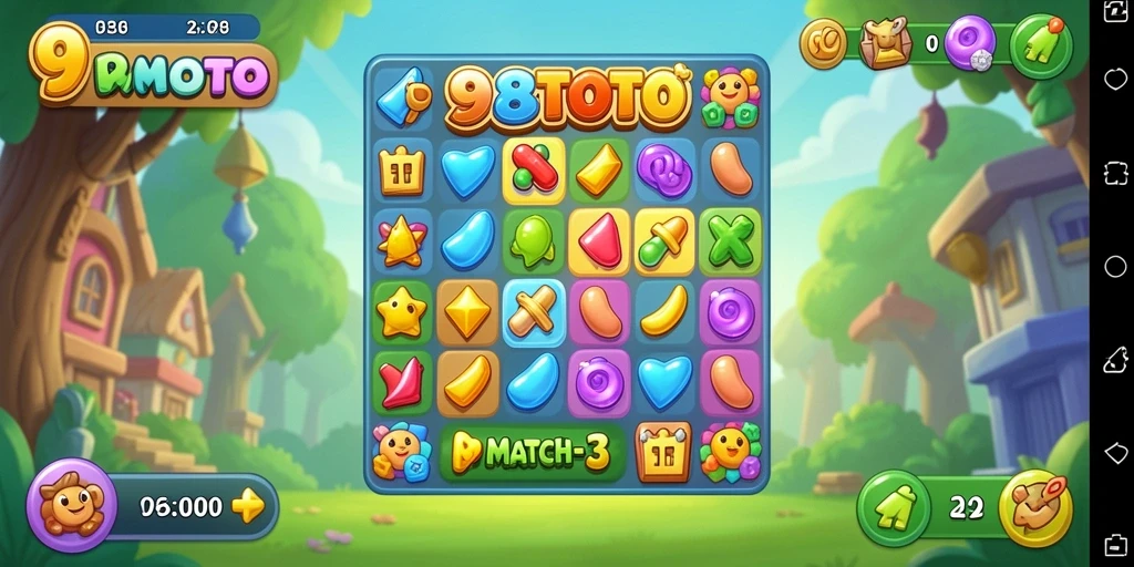Screenshot gameplay 98TOTO yang menunjukkan aksi Match-3 yang seru.