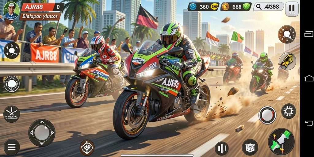 Screenshot gameplay AJR88 menampilkan balapan motor yang mendebarkan.
