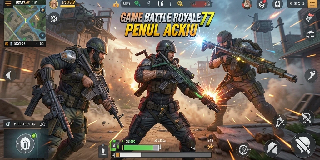 Tampilan gameplay seru BOSPLAY77 dalam pertempuran Battle Royale.