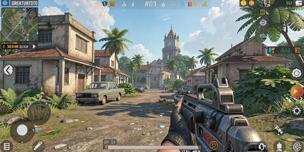 Screenshot gameplay DIREKTURTOTO menampilkan aksi seru dalam pertempuran TPS.