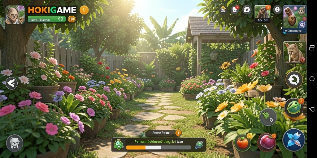Tampilan gameplay HOKIGAME dengan ladang yang hijau dan hewan ternak yang ceria.