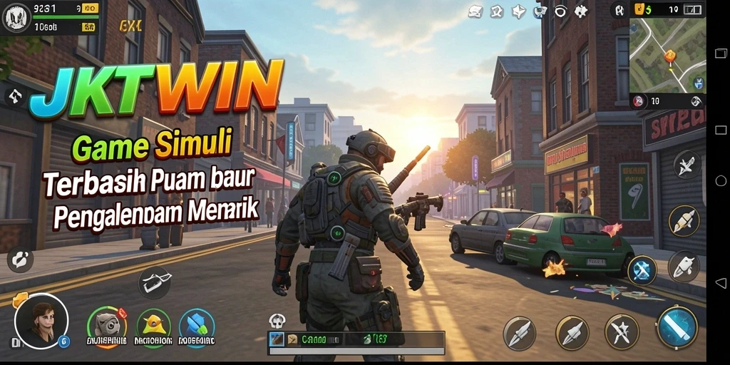 Screenshot utama JKTWIN menampilkan gameplay simulasi yang interaktif.
