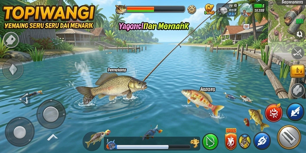 Tampilan gameplay TOPIWANGI yang menarik saat memancing.